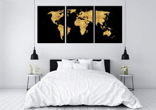 Load image into Gallery viewer, World map Black and Gold Set of 3 wall art prints