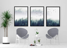 Load image into Gallery viewer, Scandinavian Foggy Forest with birds Set of 3 wall art prints