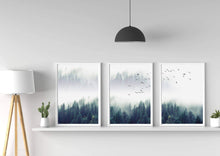 Load image into Gallery viewer, Scandinavian Foggy Forest with birds Set of 3 wall art prints