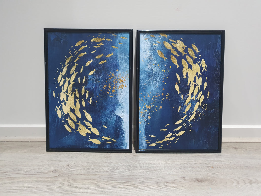 Golden Swimming Fish Set of 2 wall art prints