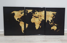 Load image into Gallery viewer, World map Black and Gold Set of 3 wall art prints
