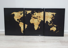 Load image into Gallery viewer, World map Black and Gold Set of 3 wall art prints
