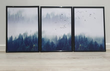 Load image into Gallery viewer, Scandinavian Foggy Forest with birds Set of 3 wall art prints
