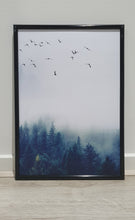 Load image into Gallery viewer, Scandinavian Foggy Forest with birds Set of 3 wall art prints
