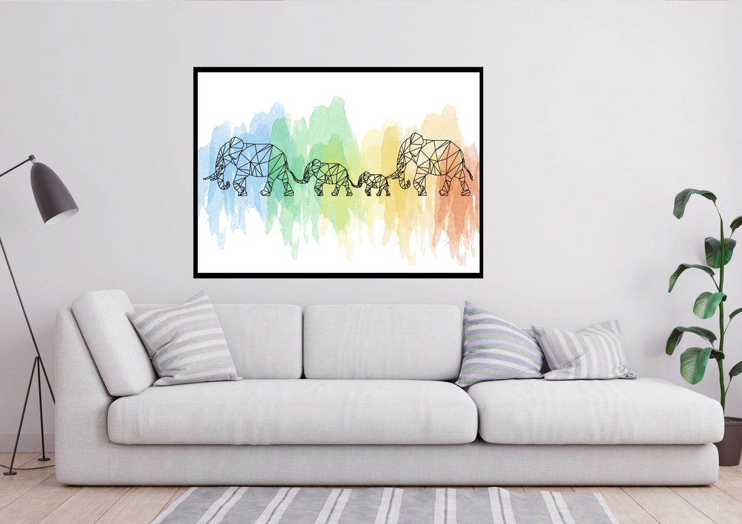 Elephant family of 4, Elephants holding trunks Modern Minimalist Wall art print