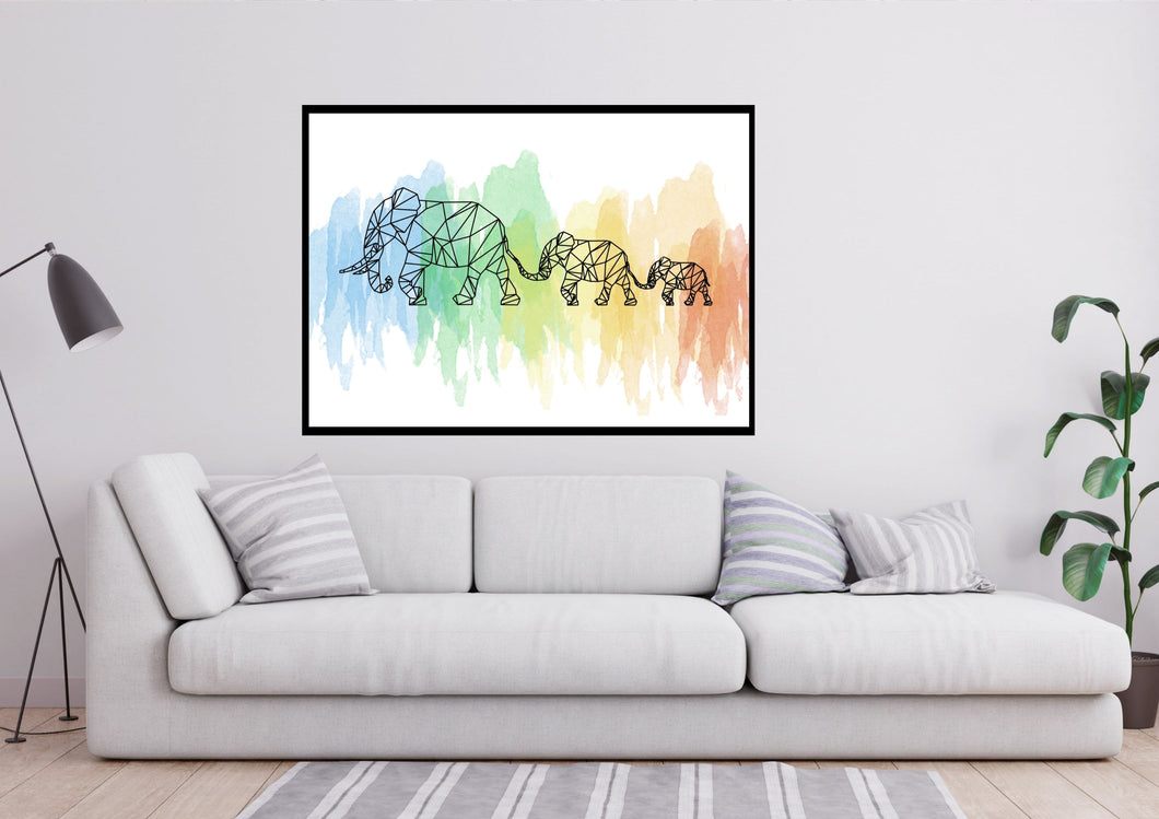 Elephant family of 3, Elephants holding trunks Modern Minimalist Wall art print