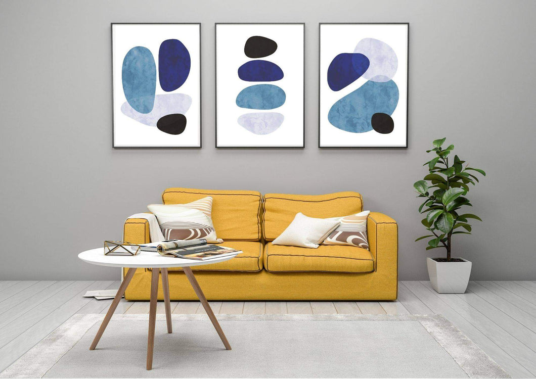 Watercolor Blue Abstract Shapes Set of 3 wall art prints